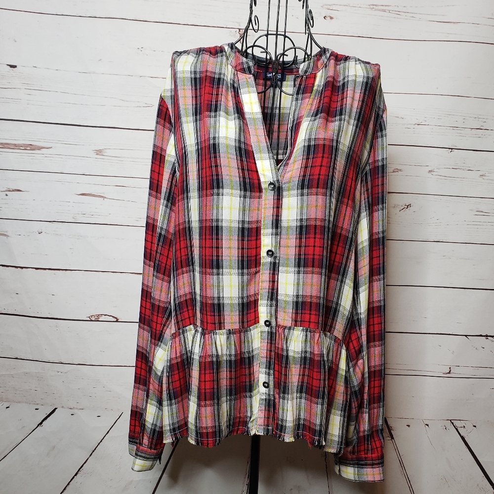 Splendid Plaid Split Neck Peplum Raw Edge Hem Tunic